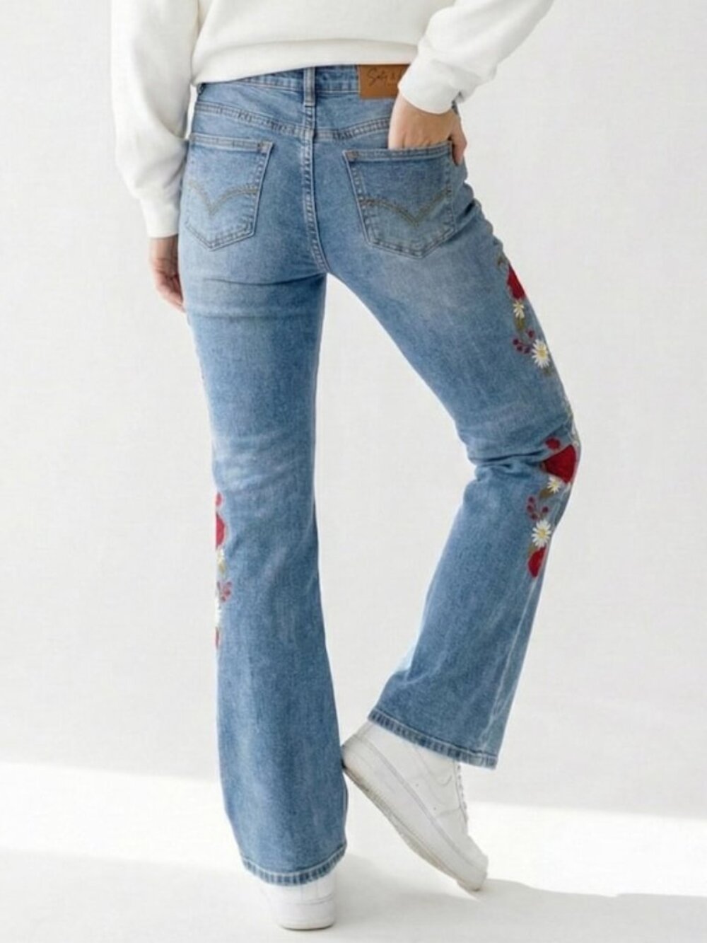 Silk & Lace Tall Floral Embroidered Flare Jeans Rose Daisy Bootcut High Rise - Picture 3 of 5